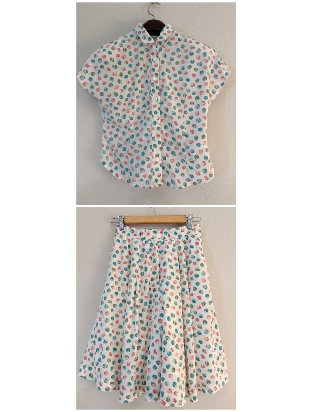 Vintage 80s 90s 2 Piece Set Printed Button Down Blouse Pleated Shorts XS/S